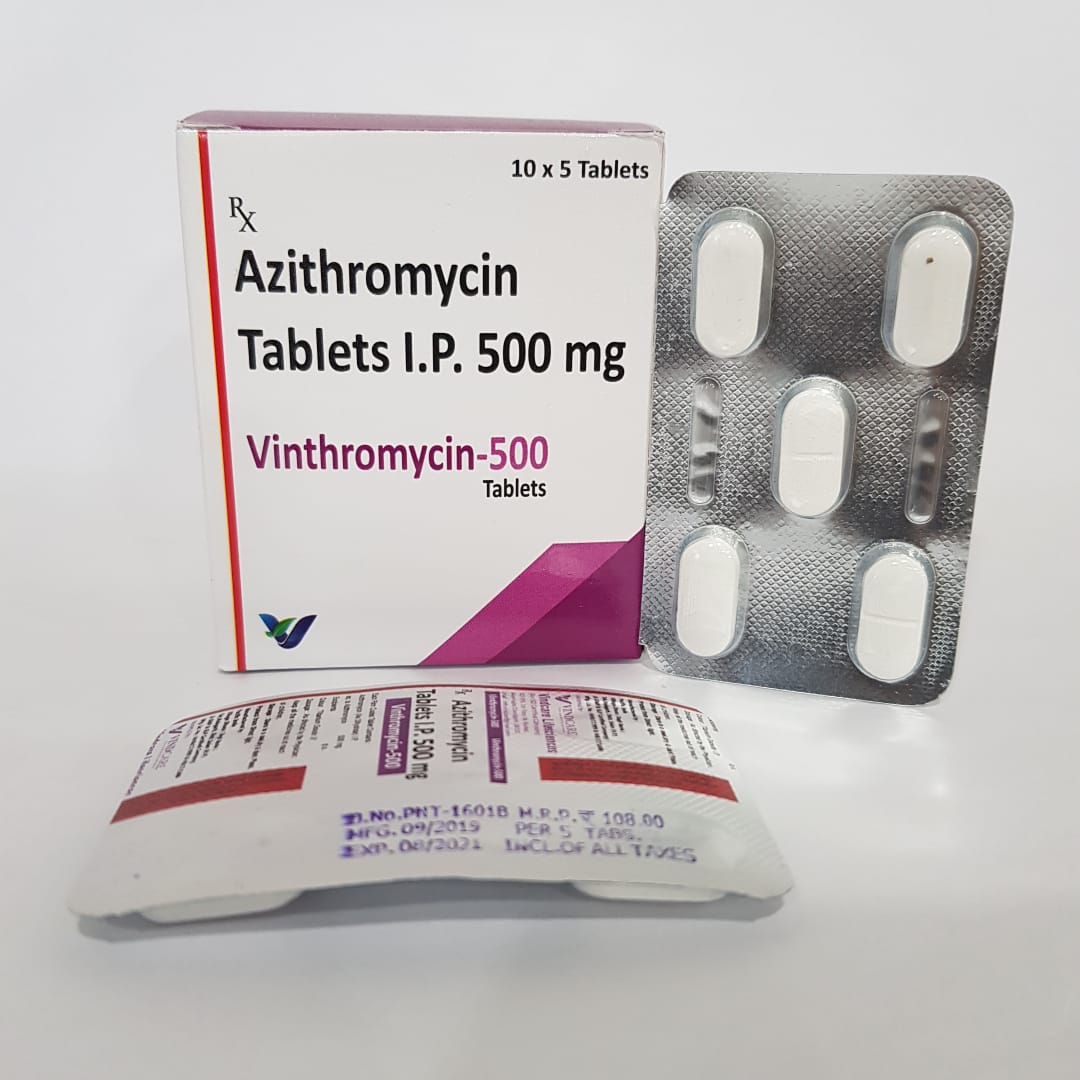 Product Name: Vinthromycin 500, Compositions of Vinthromycin 500 are AZITHROMYCIN Tablets IP 500mg - Vindcare Lifesciences