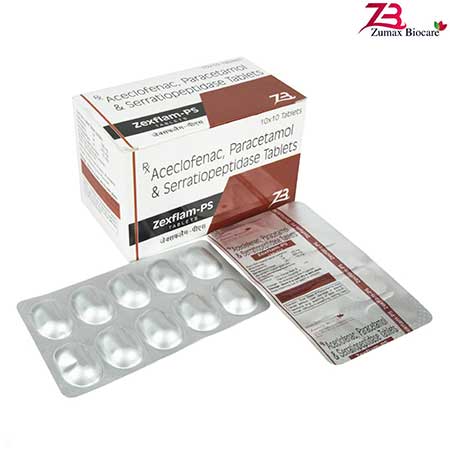 Product Name: Zexflam PS, Compositions of Zexflam PS are Aceclofenac,Paracetamol  & Serratiopeptidase Tablets - Zumax Biocare