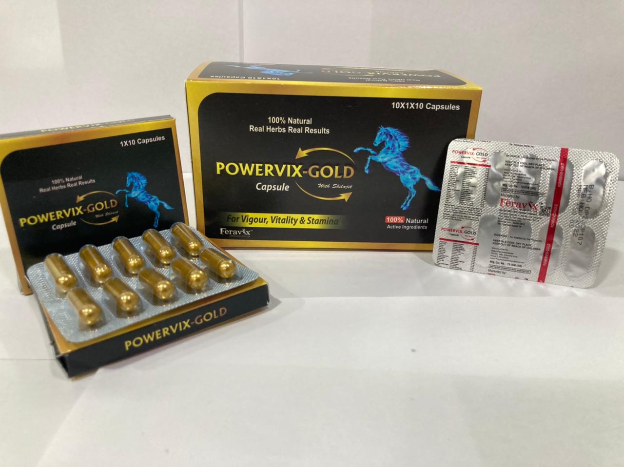 Product Name: POWERVIX GOLD Capsules, Compositions of POWERVIX GOLD Capsules are VITALITY AND VIGOUR  - Feravix Lifesciences