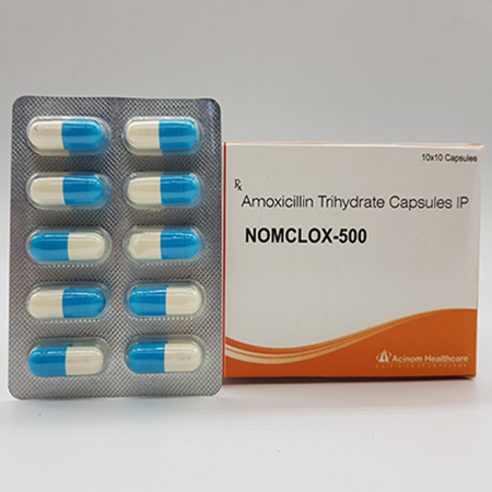 Product Name: Nomclox 500, Compositions of Nomclox 500 are Amoxicillin Trihydrate Capsules IP - Acinom Healthcare
