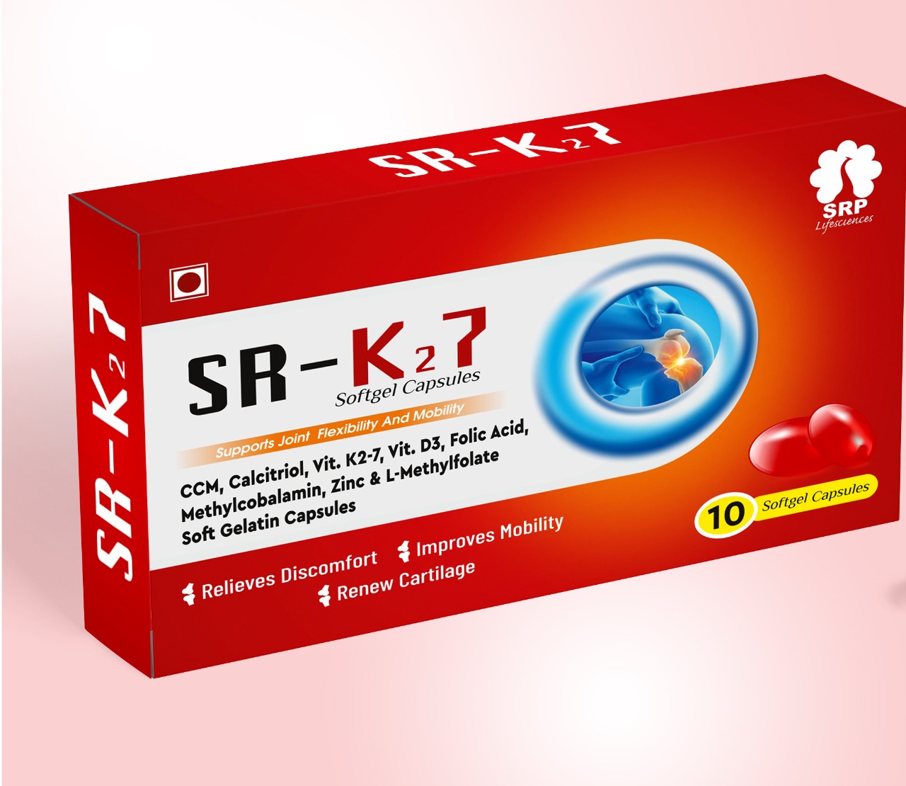 Product Name: SR K2 7, Compositions of SR K2 7 are ccm, calcitriol vit k2-7 vit d3 , folic acid , methylcobalamin, zinc & L methylfolate soft geltin capsules - Cynak Healthcare