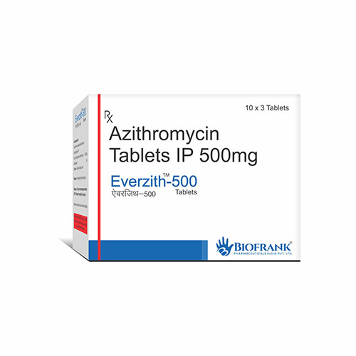 Product Name: Everzith 500, Compositions of Everzith 500 are Azithromycin Tablets IP 500 mg - Biofrank Pharmaceuticals (India) Pvt. Ltd