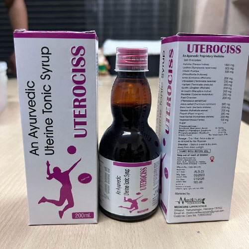 Product Name: UTEROCISS, Compositions of UTEROCISS are An Ayurvedic Uterine Tonic syrup - Medicure LifeSciences