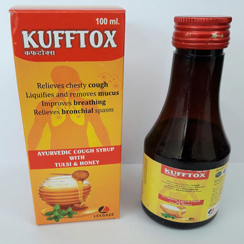 Product Name: Kufftox, Compositions of Kufftox are Relieves chesty cough liquifies and removes mucus improves bronchial spasm - Leegaze Pharmaceuticals Private Limited