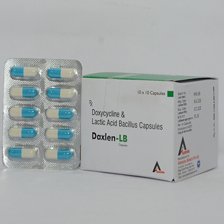 Product Name: DAXLEN LB, Compositions of DAXLEN LB are Doxycycline & Lactic Acid Bacillus Capsules - Alencure Biotech Pvt Ltd