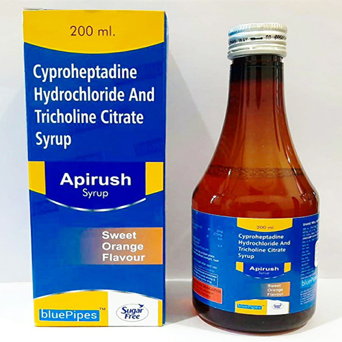 Product Name: APIRUSH SYRUP, Compositions of APIRUSH SYRUP are Cyproheptadine Hydrochloride And Tricholine Citrate Syrup - Bluepipes Healthcare