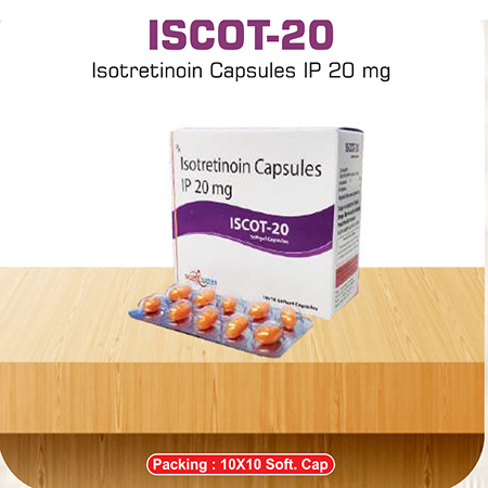 Product Name: Iscot 20, Compositions of Iscot 20 are Isotretinoin Capsules IP 20 mg - Scothuman Lifesciences