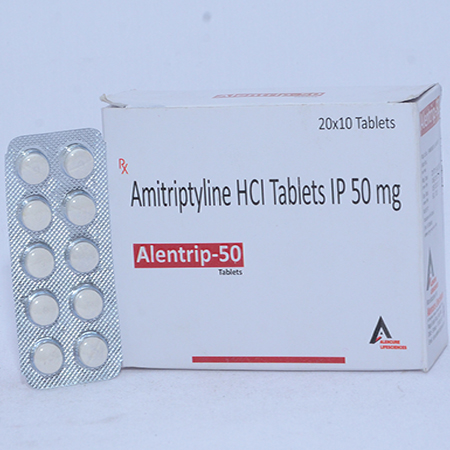 Product Name: ALENTRIP 50, Compositions of are Amitriptyline HCL Tablets IP 50mg - Alencure Biotech Pvt Ltd