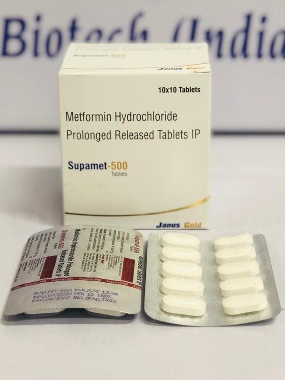 Product Name: Supamet 500, Compositions of Supamet 500 are Metformin Hydrochloride Prolonged Release Tablets IP - Janus Biotech