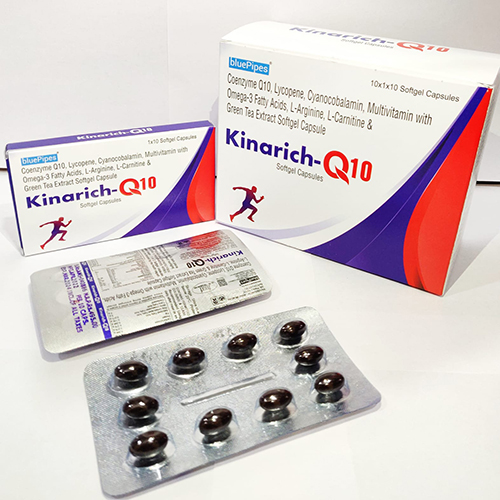 Product Name: KINARICH Q10 SOFTGEL CAPSULES, Compositions of KINARICH Q10 SOFTGEL CAPSULES are Coenzyme Q10 Lycopene Cynoacobalamin, Multivitamin with Omega-3 Fatty Acids L-Arginine, L-Carnitine & Green tea Extract Softgel Capsules  - Bluepipes Healthcare