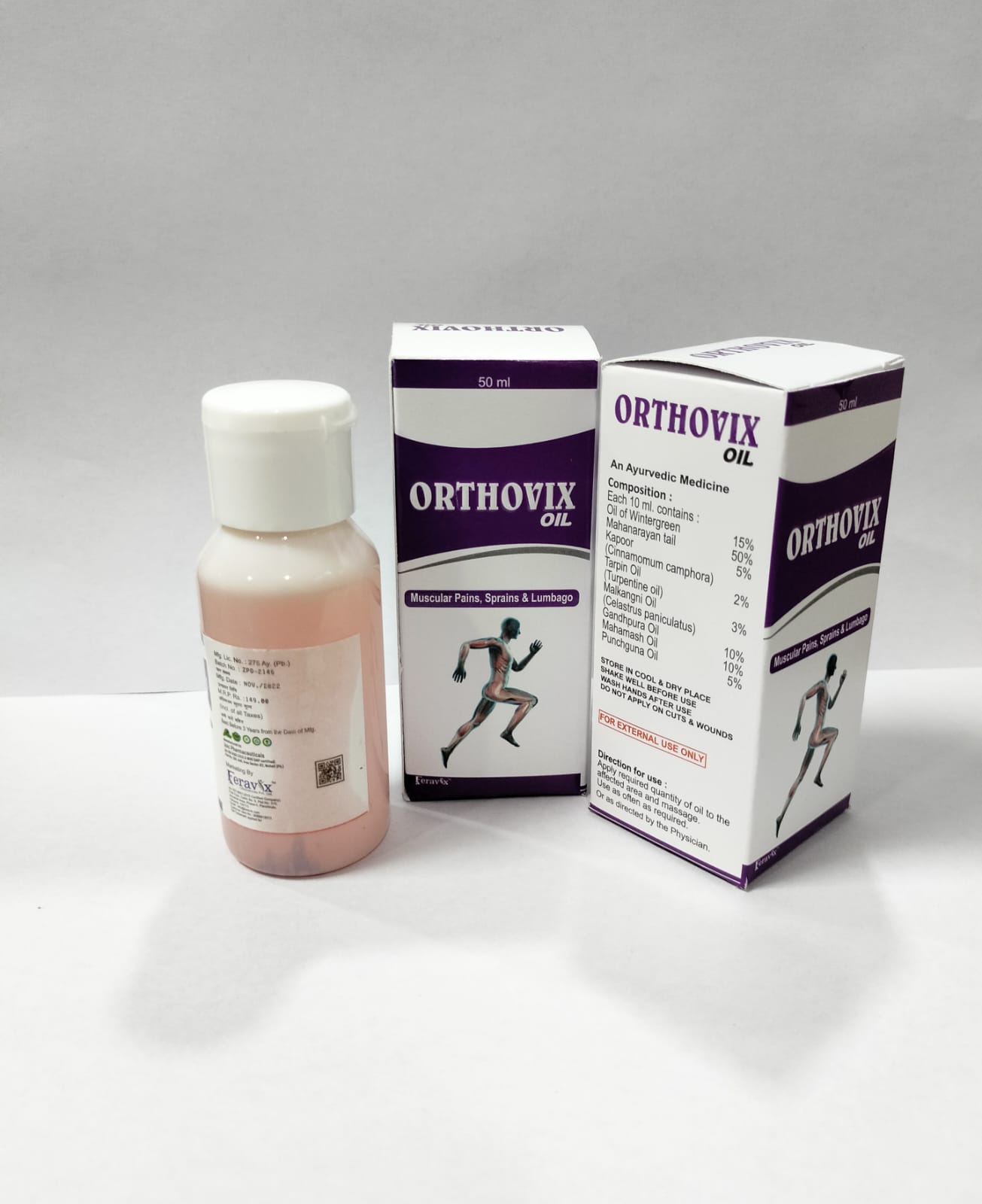 Product Name: ORTHOVIX Oil, Compositions of ORTHOVIX Oil are MASSAGE OIL FOR MUSCULAR PAIN - Feravix Lifesciences