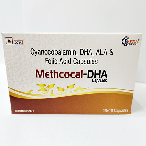 Product Name: Methcocal DHA, Compositions of Methcocal DHA are Cyanocobalamin, DHA, ALA & Folic Acid Capsules - Bkyula Biotech