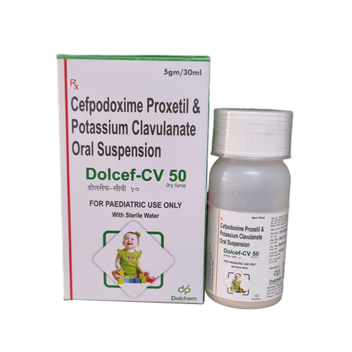 Product Name: Dolcef CV 50, Compositions of Dolcef CV 50 are Cefpodoxime Proxetil & Potassium Clavulanate Oral Suspension - Dolchem Pharmaceuticals Private Limited