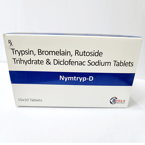 Product Name: Nymtryp D, Compositions of Nymtryp D are Trypsin, Bromelain, Rutoside Trihydrate & Diclofenac Sodium Tablets - Bkyula Biotech