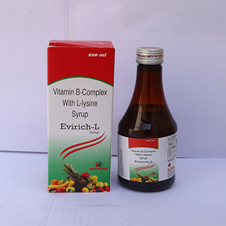Product Name: Evirich L, Compositions of Evirich L are Vitamin B Complex With L Lysine Syrup - Eviza Biotech Pvt. Ltd