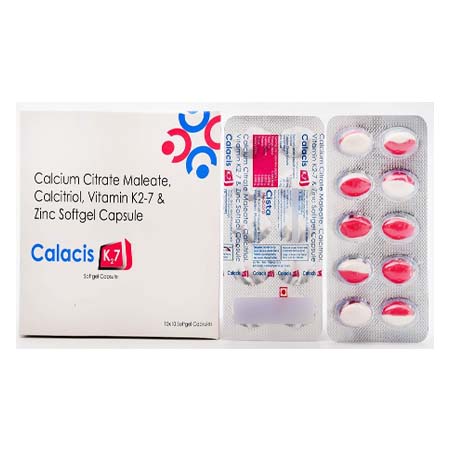 Product Name: CALACIS K2 7, Compositions of CALACIS K2 7 are Calcium Citrate Maleate, Calcitriol, Vitamin K2 7 & Zinc Softgel Capsules - Cista Medicorp