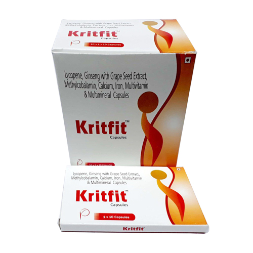 Product Name: Kritfit, Compositions of Kritfit are Lycopene, Gingserg with GrapeSeed Extract, Methylcobalamin, Calcium,Iron, Multivitamin & Minerals Capsules - Krishlar Pharmaceutical