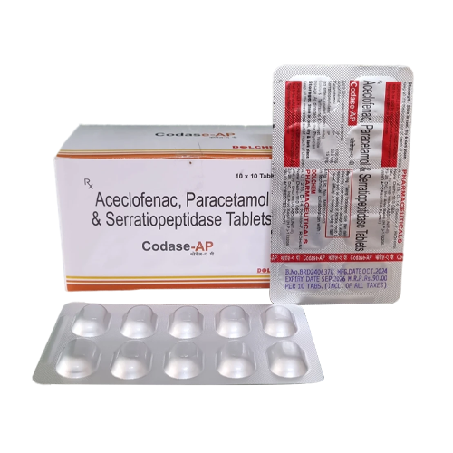 Product Name: Codase AP, Compositions of Codase AP are Aceclofenac, Paracetamol & Serratiopeptidase Tablets - Dolchem Pharmaceuticals Private Limited