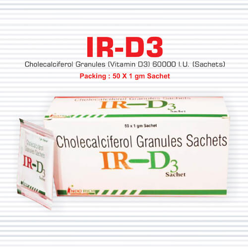 Product Name: Ir d3, Compositions of Ir d3 are Cholecalciferol Granules (Vitamin D3) 60,000 I.U.(Sachets) - Pharma Drugs and Chemicals