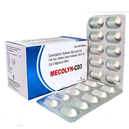 Product Name: Mecolyn CD3, Compositions of Mecolyn CD3 are Cyanocobalamin, Pyridoxine, Alpha Lipoic Acid, Folic Acid, Calcitriol, Calcium Carbonate  , Vitamin D3, Zinc Magnesium Tablets - Glenvox Biotech Private Limited