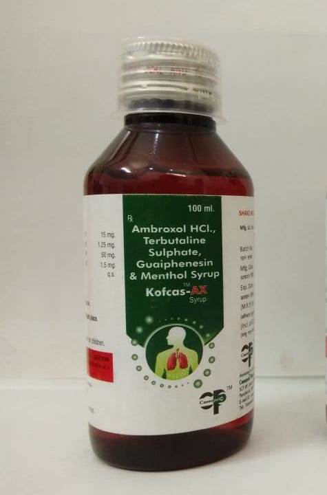 Product Name: Kofcas AX, Compositions of Kofcas AX are Ambrolxol Hcl., Terbutaline Sulphate ,Guaiphensin & Menthol Syrup  - Cassopeia Pharmaceutical Pvt Ltd