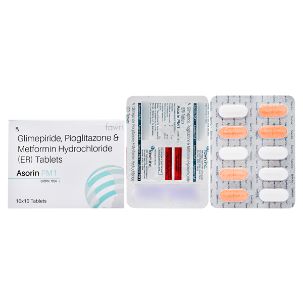 Product Name: ASORIN PM1, Compositions of are Glimepiride 1 mg + Pioglitazone 15 mg Metformin Hydrochloride (ER) 500 mg. - Fawn Incorporation