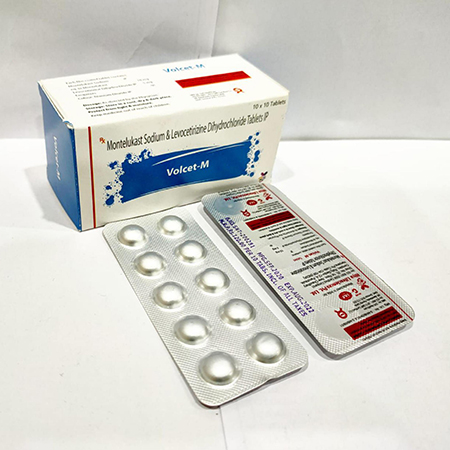 Product Name: volcet M, Compositions of volcet M are Levocetirizine 5MG Montelukast Sodium 10 MG - Arvoni Lifesciences Private Limited