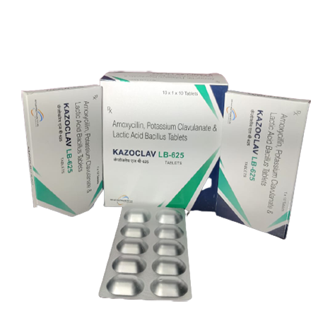 Product Name: Kazoclav LB 625, Compositions of Kazoclav LB 625 are Amoxycillin, Pottasium, Clavulanante & Lactic Acid Bcillus Tablets - Kevlar Healthcare Pvt Ltd