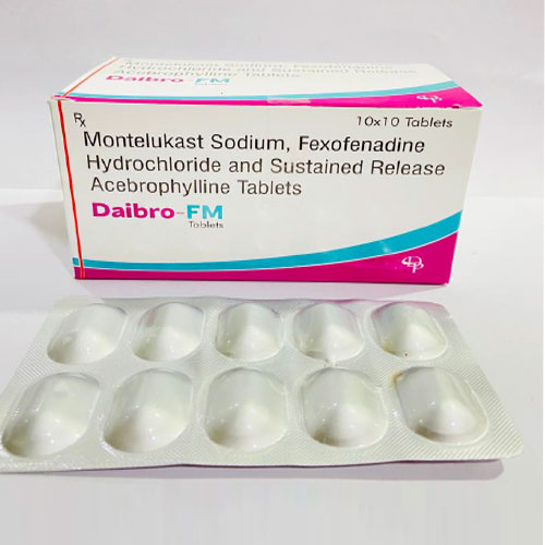 Product Name: Daibro FM, Compositions of Daibro FM are Montelukast Sodium, Fexofenadine Hydrochloride and Sustained release Acebrophylline Tablets - Disan Pharma