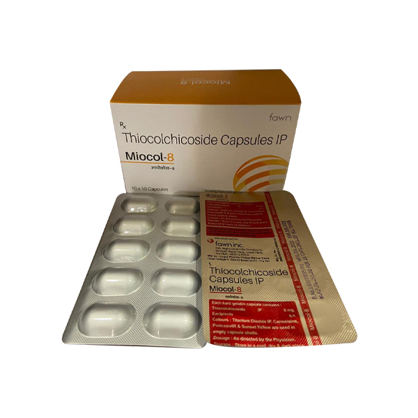 Product Name: MIOCOL 8, Compositions of Thiocolchicoside 8 mg  are Thiocolchicoside 8 mg  - Fawn Incorporation