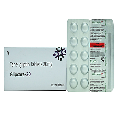 Product Name: GLIPCARE 20, Compositions of GLIPCARE 20 are Teneligliptin Tablet 20mg - Cista Medicorp