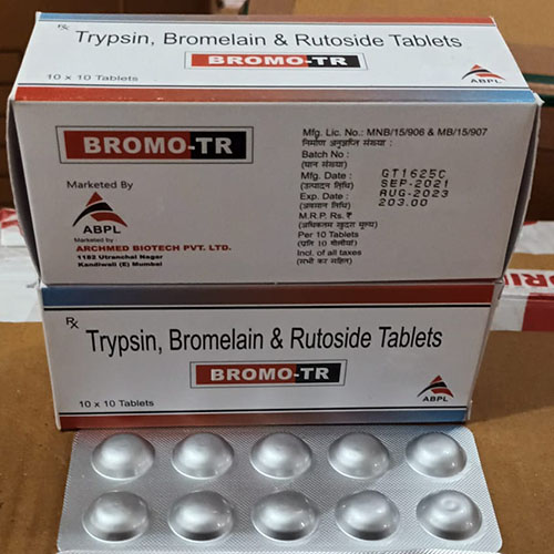 Product Name: Bromo TR, Compositions of Bromo TR are Trypsin,Bromelain,Rutoside Tablets - Archmed Biotech Private Limited