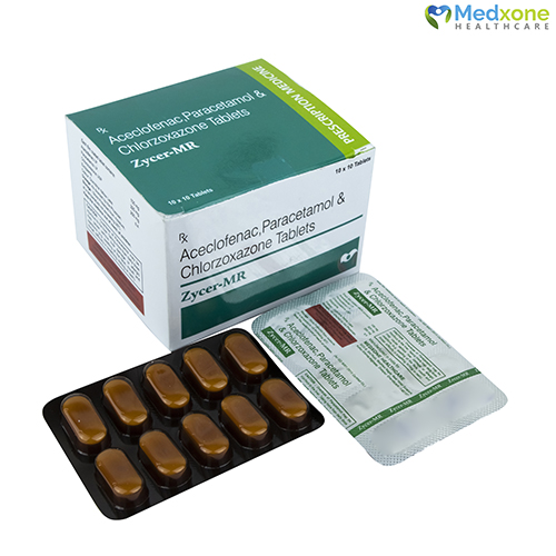 Product Name: ZYCER MR, Compositions of Aceclofenac, Paracetamol & Chlorzoxazone Tablets are Aceclofenac, Paracetamol & Chlorzoxazone Tablets - Medxone Healthcare