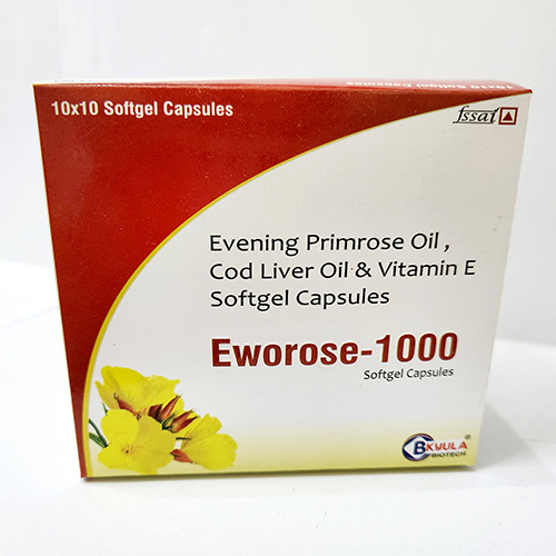 Product Name: Eworose 1000, Compositions of Eworose 1000 are Evening Primrose Oil, Cod Liver Oil & Vitamin E Softgel Capsules - Bkyula Biotech