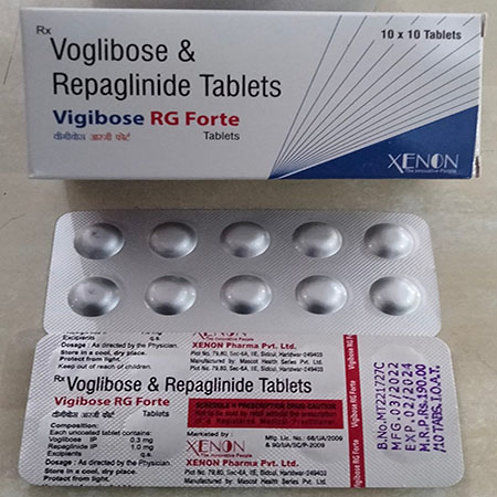 Product Name: Voglibose Rg Forte, Compositions of Voglibose Rg Forte are Voglibose & Repaglinide Tablets - Xenon Pharma Pvt. Ltd