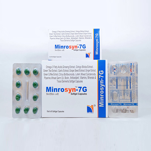 Product Name: Minrosyn 7G, Compositions of Minrosyn 7G are Omega-3 Fatty Acid,L-Glutathione,Ginseg,Ginkgo Biloba,Grean Tea Extract,Garlic Powder,Grape Seed Extract,Antioxidants,Vitamins,Minerals & Trace Elements Softgel Capsules - Nova Indus Pharmaceuticals