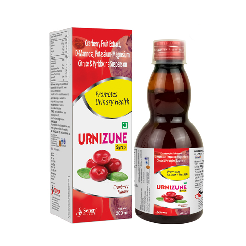 Product Name: Urnizune Syrup, Compositions of Urnizune Syrup are Cranberry Fruit Extract D-Mannose, Potassium-Magnesium Citrate  & Pyridoxine Suspension - Senen Biotech