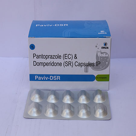 Product Name: Paviv DSR, Compositions of Paviv DSR are Pantoprazole (EC) & Domperidone (SR) Capsules IP - Eviza Biotech Pvt. Ltd