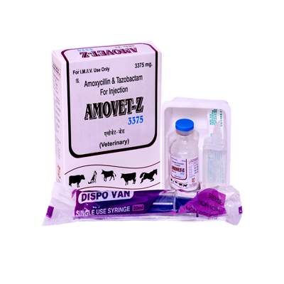 Product Name: Amovet z, Compositions of Amovet z are Amoxycillin & Tazobactam Injection - ISKON REMEDIES