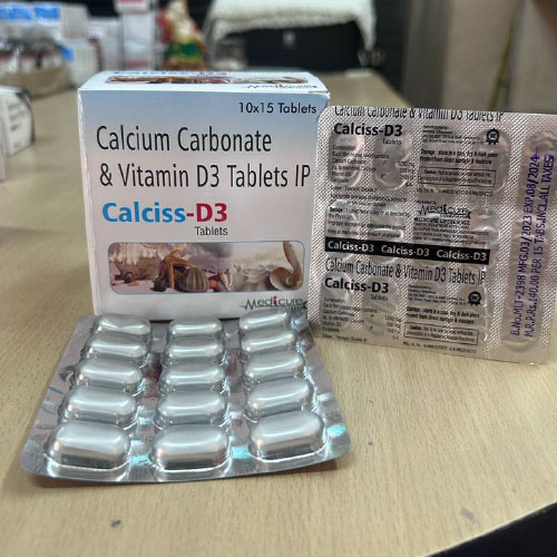 Product Name: Calciss D3, Compositions of Calciss D3 are Calcium Carbonate & Vitamin D3 Tabletes IP - Medicure LifeSciences