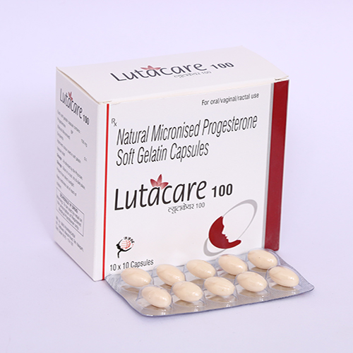 Product Name: LUTACARE 100, Compositions of LUTACARE 100 are Natural Miconised Progesterone Soft gel Capsules - Biomax Biotechnics Pvt. Ltd
