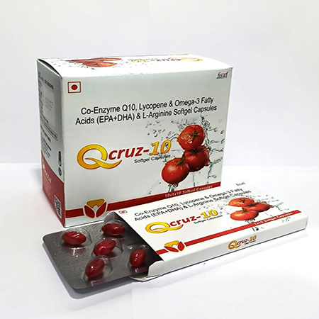 Product Name: QCRUZ, Compositions of QCRUZ are Co-Enzymes Q10, Lycopene & Omega 3 Fatty Acids(EPA+DHA) & L-Arginine Softgel Capsules - Biocruz Pharmaceuticals Private Limited