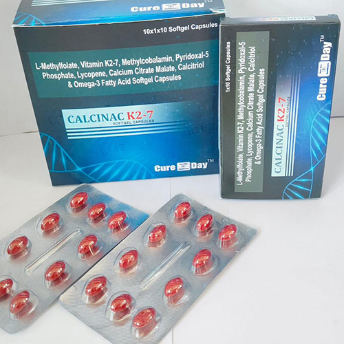 Product Name: Calcinac K27, Compositions of Calcinac K27 are L-Methylfolate ,Vitamin K27,Methylcobalmin,Pyridoxal 5-Phospate,Lycopene,Calcium Citrate Malate,Calcitrol and Omega 3 Fatty Acid Sogtgel Capsules - Jonathan Formulations