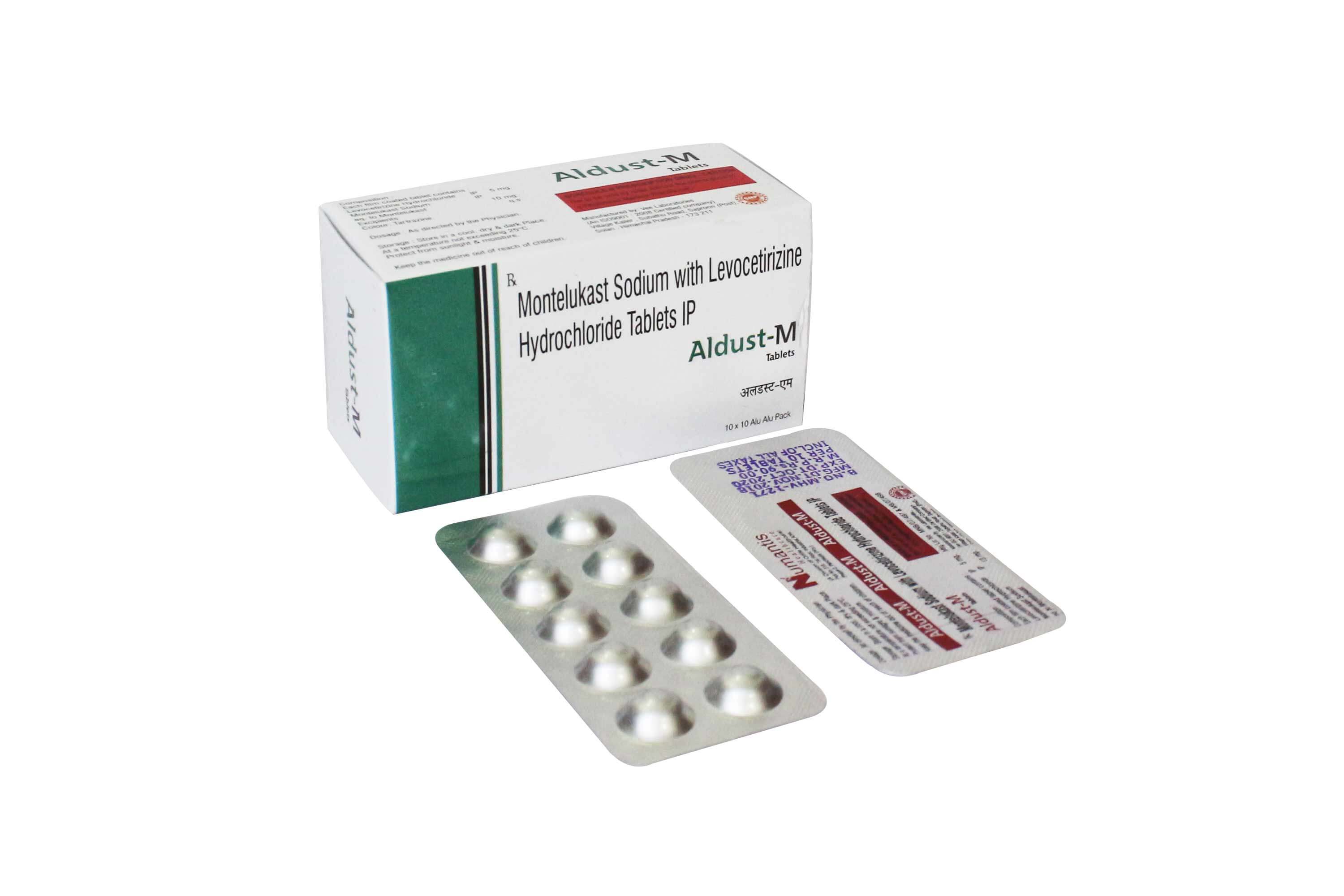 Product Name: Aldust M, Compositions of Aldust M are Montelukast Sodium with Levocetrizine  Hydrochloride Tablets IP - Numantis Healthcare