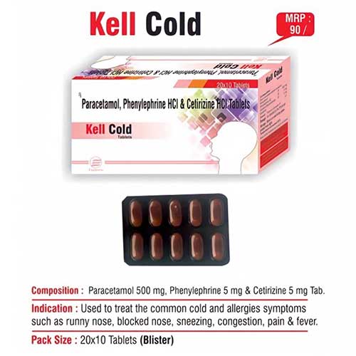 Product Name: Kell Cold, Compositions of Kell Cold are Paracetamol, Phenylphrine HCL, Cetrizine HCL Tablets - Euphoria India Pharmaceuticals