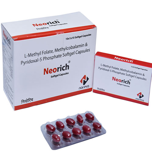 Product Name: Neorich, Compositions of Neorich are L Methyl Folate , methylcobalamin & Pyridoxal 5 Phosphate - Noreva Biotech