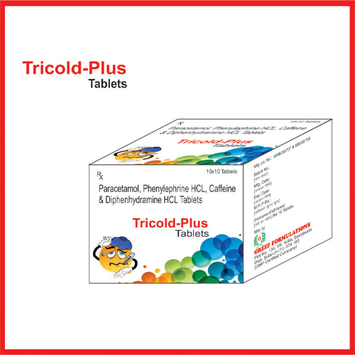 Product Name: Tricold Plus, Compositions of Tricold Plus are Paracetamol,Phenylephrine Hydrochloride,Caffiene & Diphenramine Maleate Suspension - Greef Formulations