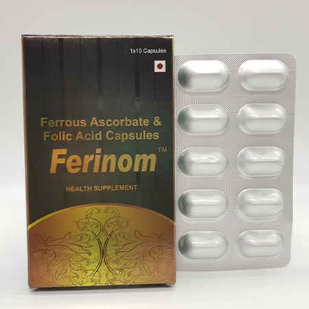 Product Name: Ferinom Capsules, Compositions of Ferinom Capsules are Ferrous Ascorbate and Folic Acid Capsules - Acinom Healthcare