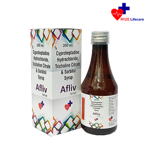 Product Name: AFLIV SYRUP, Compositions of AFLIV SYRUP are Cyproheptadine Hydrochloride Ticheline Citrate &Sorbitol Syrup - Ryze Lifecare