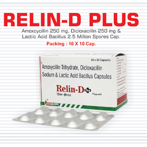 Product Name: Relin D plus, Compositions of Relin D plus are Amoxycillin Trihydrate,Dicloxacillin Sodium & Lactic Acid Bacillus Capsules - Pharma Drugs and Chemicals